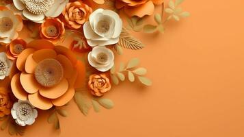 generativ ai, Papier Schnitt Kunst Blumen und Blätter, Aprikose zerquetschen Orange Farbe, Origami texturiert Hintergrund, Frühling Stimmung. Blumen- Rahmen Layout.. foto