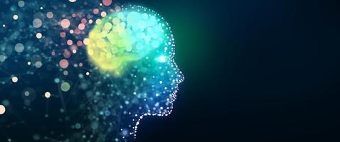 menschlicher Kopf mit einem leuchtenden Gehirnnetzwerk, Technologiehintergrundkonzept