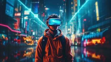 generativ ai, schön Frau im vr Brille im Neon- Raum Straße, virtuell Wirklichkeit Headset im Cyberspace foto