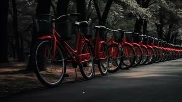 generativ ai, Fahrrad Teilen System, viele rot Stadt Fahrräder geparkt. gesund Ökologie städtisch Transport. foto