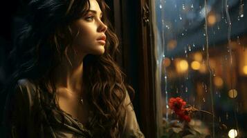ein schön nachdenklich Frau sieht aus aus das Fenster beim Nacht während das Regen und Tropfen fließen Nieder das Glas. Gesicht von ein traurig Mädchen Nahansicht. ai generiert foto