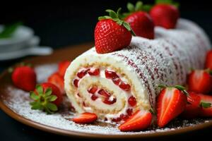 Kuchen rollen Erdbeeren. generieren ai foto