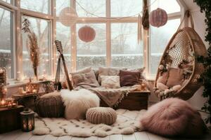 gemütlich Boho Winter Zimmer Zelt. generieren ai foto