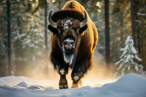 eisig Bison Schnee Wald. generieren ai foto