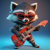 Clever Katze Rockstar 3d Karikatur Waschbär Charakter mit ein Gitarre und cool Schatten foto