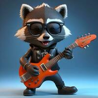 Clever Katze Rockstar 3d Karikatur Waschbär Charakter mit ein Gitarre und cool Schatten foto