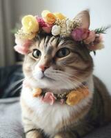 süß Tabby Katze mit Blume Kranz auf ihr Kopf. foto