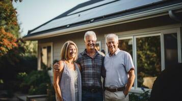 Paar im Vorderseite von Haus mit Solar- Paneele foto