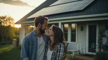 Paar im Vorderseite von Haus mit Solar- Paneele foto