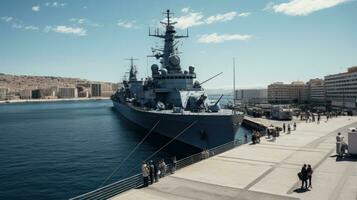 ein groß Kriegsschiff steht im das Hafen von ein europäisch Stadt foto