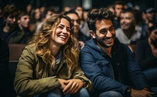 ein Gruppe von Menschen sind Lachen im ein Auditorium foto