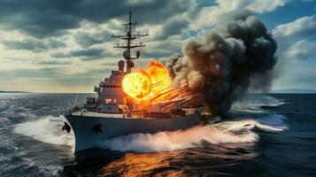 groß Kriegsschiff Brennen auf das öffnen Meer foto