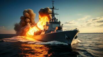groß Kriegsschiff Brennen auf das öffnen Meer foto