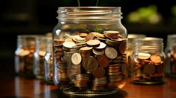 Glas Krug mit Münzen. Konzept von Finanzen Wirtschaft Investition und Akkumulation von Geld foto