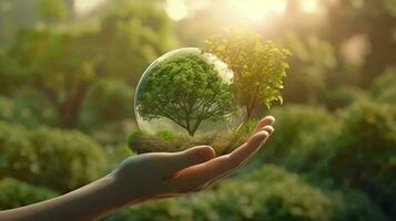 Grün natürlich umweltfreundlich Baum im ein Glas Kugel im Hand gegen das Hintergrund von Natur. das Konzept von Grün Energie, Ökologie, Umwelt Schutz. ai generiert foto