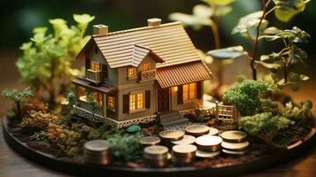 ein klein Modell- von ein Spielzeug Land Haus steht auf Geld Münzen gegen das Hintergrund von Natur. das Konzept von echt Nachlass draußen das Stadt im ein Hypothek, ein Darlehen zum Gehäuse. ai generiert foto