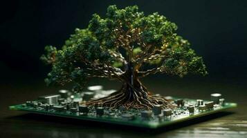 Grün natürlich umweltfreundlich Baum und Computer Technologie auf ein abstrakt Hightech futuristisch Hintergrund von Mikrochips und Computer Schaltkreis Bretter mit Transistoren. ai generiert foto