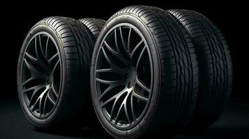 schwarz runden Auto Reifen mit Gummi treten auf Legierung Räder auf ein schwarz Hintergrund. ai generiert foto