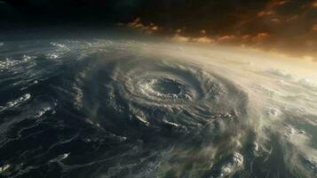 Aussicht von Raum von über auf ein Hurrikan Tornado Strudel von Wolken und Wind, ein Sturm Vorderseite von Schlecht Wetter und natürlich Katastrophe. ai generiert foto
