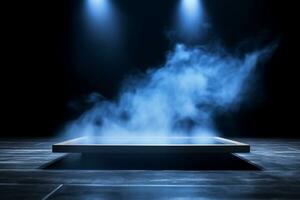 Bühne Scheinwerfer mit Rauch und Scheinwerfer, Bühne Scheinwerfer auf ein Bühne, Bühne Hintergrund ai generativ foto