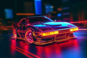 retro Auto im Neon- Licht auf dunkel Hintergrund. 3d Rendern ai generiert foto