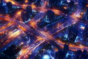 Autobahn der Verkehr im das Stadt beim Nacht. 3d Wiedergabe. ai generativ foto