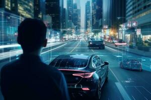 Geschäftsmann Fahren ein Auto auf das Straße mit Stadtbild beim Nacht ai generativ foto