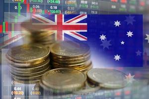 Börseninvestitionshandel mit Finanz-, Münz- und Australien-Flagge oder Forex für die Analyse des Datenhintergrunds der Gewinnfinanzierungsgeschäftstrends.