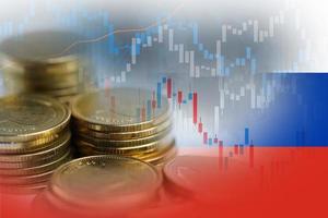 Börseninvestitionshandel mit Finanz-, Münz- und Russland-Flagge oder Forex zur Analyse des Hintergrunds von Geschäftstrenddaten zur Gewinnfinanzierung.