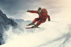 fliegend Skifahrer auf Berge. extrem Winter Sport. 3d Rendern ai generiert foto