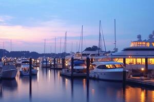 Boote und Yachten festgemacht zu ein Seebrücke beim Sonnenuntergang generativ ai foto