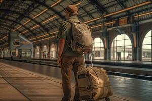 Mann mit ein Koffer beim das Zug Bahnhof. Reise und Tourismus Konzept. ai generiert foto