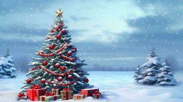 ein schneebedeckt Weihnachten Baum und die Geschenke mit schneebedeckt Hintergrund, Weihnachten Bild, 3d Illustration Bilder foto