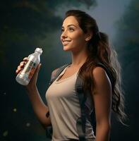 ein Frau mit ein wiederverwendbar Wasser Flasche stattdessen von Einweg Flaschen, Natur Lager Foto