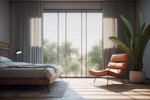 3d Rendern Luxus und modern Schlafzimmer Suite im Hotel mit groß Fenster ai generiert foto