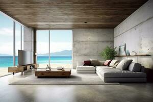 Innere von modern Leben Zimmer mit Beton Wände, Beton Boden, komfortabel Sofa ai generiert foto