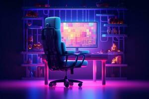 futuristisch Spielen Zimmer Innere mit Sessel, Computer, Gamepad und Neon- Beleuchtung. Illustration ai generiert foto