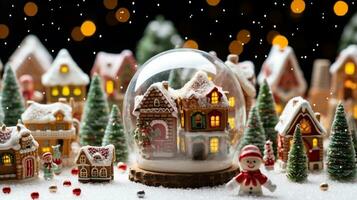 ein Lebkuchen Dorf im ein Schnee Globus, Weihnachten Bild, fotorealistisch Illustration foto