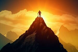 Geschäftsmann Stehen auf oben von Berg. Erfolg und Führung Konzept. 3d Rendern ai generativ foto