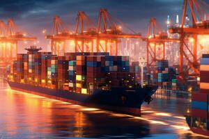Container Ladung Fracht Schiff mit Arbeiten Kran Brücke beim Dämmerung zum logistisch importieren Export Hintergrund. ai generativ foto