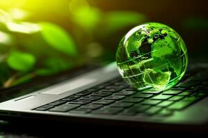 Laptop mit Erde Globus auf hölzern Tabelle und Grün Bokeh Hintergrund ai generativ foto