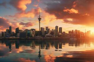 Toronto Stadt Horizont beim Sonnenuntergang, Ontario, Kanada. Kopieren Raum zum Text ai generiert foto