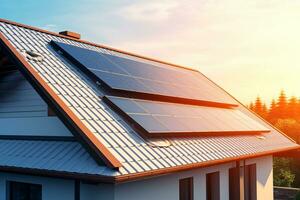 Solar- Paneele Eingerichtet auf das Dach von ein Haus. Alternative Energie Quelle. ai generiert foto