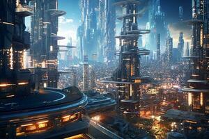 futuristisch Stadt beim Nacht mit Wolkenkratzer und hoch erhebt euch Gebäude foto