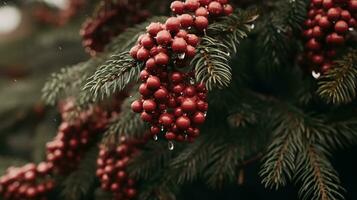 generativ ai, Weihnachten und Neu Jahr Bälle im das Tanne Baum Geäst, Ferien Konzept, festlich Winter Jahreszeit Hintergrund foto