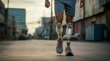 generativ ai, Person mit Behinderung, Prothese Gliedmaßen Laufen und tut nicht Gefühl Hindernis, foto