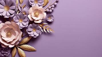 generativ ai, Papier Schnitt Kunst Blumen und golden Blätter, Licht lila, Digital Lavendel Farbe, Blumen- Origami texturiert Hintergrund, Frühling Stimmung. foto