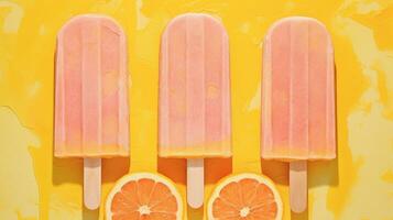 generativ ai, Obst Eis Sahne oder Sorbet auf ein Stock, hell Farbe, Sommer- Stimmung, Panorama- Aussicht foto