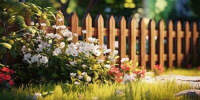 generativ ai, schön Sommer- Privat Garten mit viele Blumen und Pflanzen, Natur Landschaft, Englisch Landschaft Hütte Stil foto