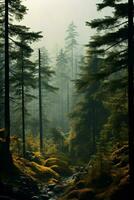 generativ ai, neblig Tanne Wald schön Landschaft im Hipster Jahrgang retro Stil, nebelig Berge und Bäume. foto
